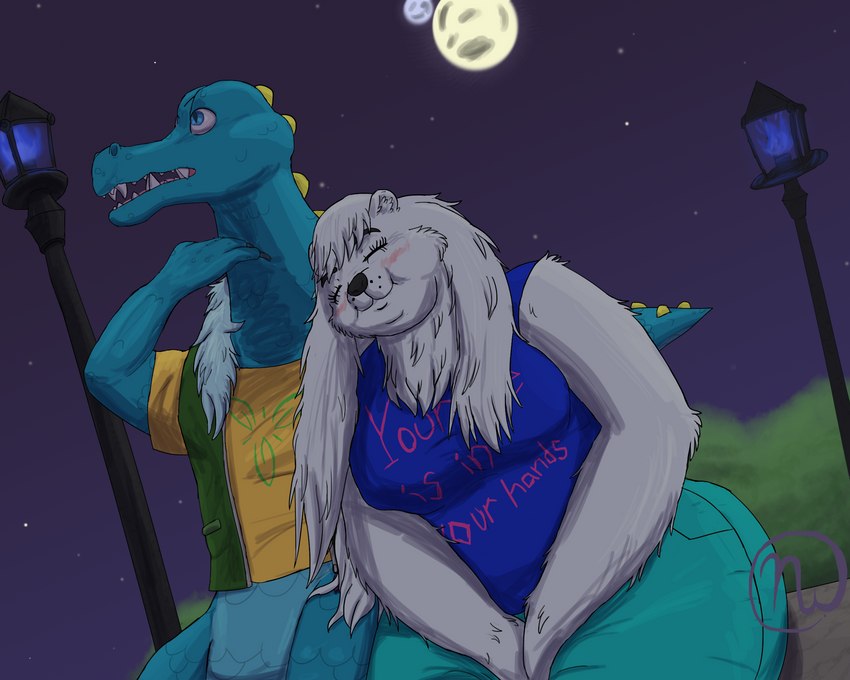 2_moons 4_fingers anthro arm_tuft bench big_breasts big_butt black_nose blue_body blue_bottomwear blue_clothing blue_eyes blue_fire blue_pants blue_scales blue_shirt blue_tank_top blue_topwear blush bottomwear breasts butt claws clothing colored_fire duo eyes_closed fangs female finger_claws fingers fire fur fur_trim_(clothing) green_clothing green_topwear green_vest hair hands_between_legs leaning_on_another logo long_hair looking_up male male/female moon neck_tuft night on_bench open_mouth orange_clothing orange_shirt orange_topwear pants plant pupils scales scratching scratching_neck scutes shirt shrub sitting sitting_on_bench sky slightly_chubby slightly_chubby_female slit_pupils smile star starry_sky street_lamp tail tank_top teeth text text_on_clothing thick_thighs topwear tuft vest white_body white_fur white_hair wide_hips yellow_scutes skywater eternal_forwardness nathile_tiduna sundra_bearrison alligatorid azurlligator bear crocodilian mammal polar_bear reptile scalie ursine 2018 5:4 artist_logo hi_res