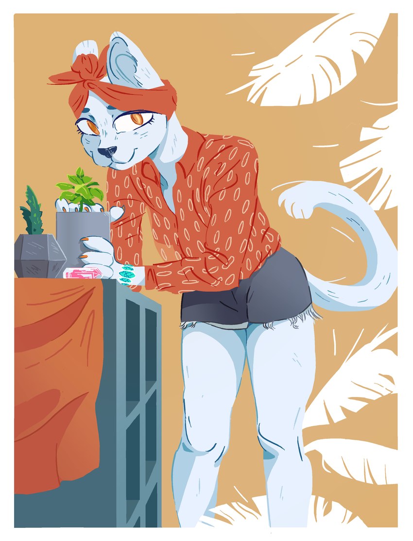 anthro bottomwear clothed clothing collared_shirt crystal daisy_dukes denim denim_bottomwear denim_clothing denim_shorts feathers female hotpants kerchief looking_at_viewer plant plant_pot potted_plant shorts solo succulent white_body uzon miss_kitty_(passionatefloorromance) domestic_cat felid feline felis mammal absurd_res hi_res