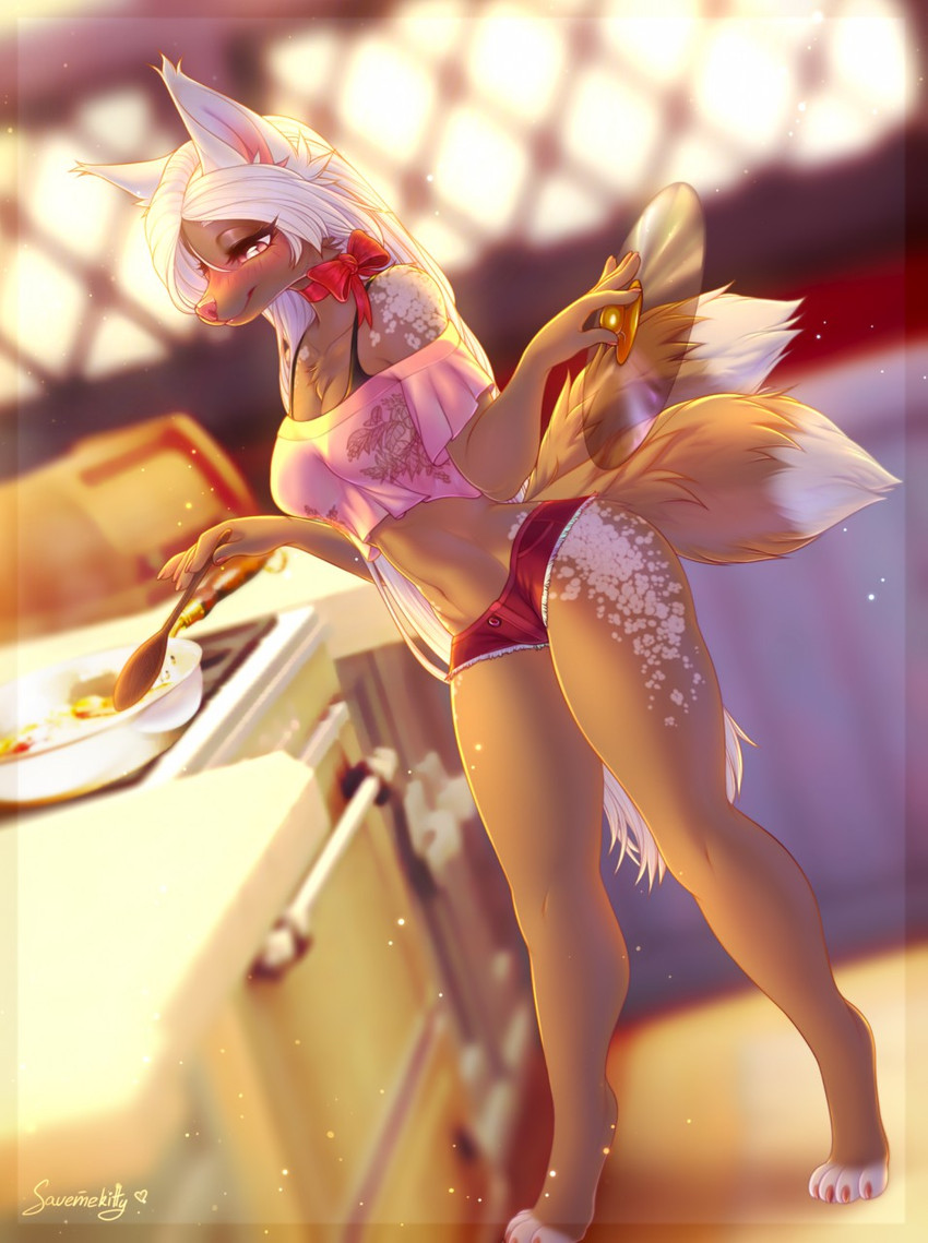 4_toes 5_fingers anthro breasts brown_body brown_fur clothed clothing eyebrows eyelashes feet female fingers fur hair midriff multi_tail navel smile solo standing tail toes white_hair savemekitty charlotte_(azraelmatsumoto) canid canine fox mammal digital_media_(artwork) hi_res