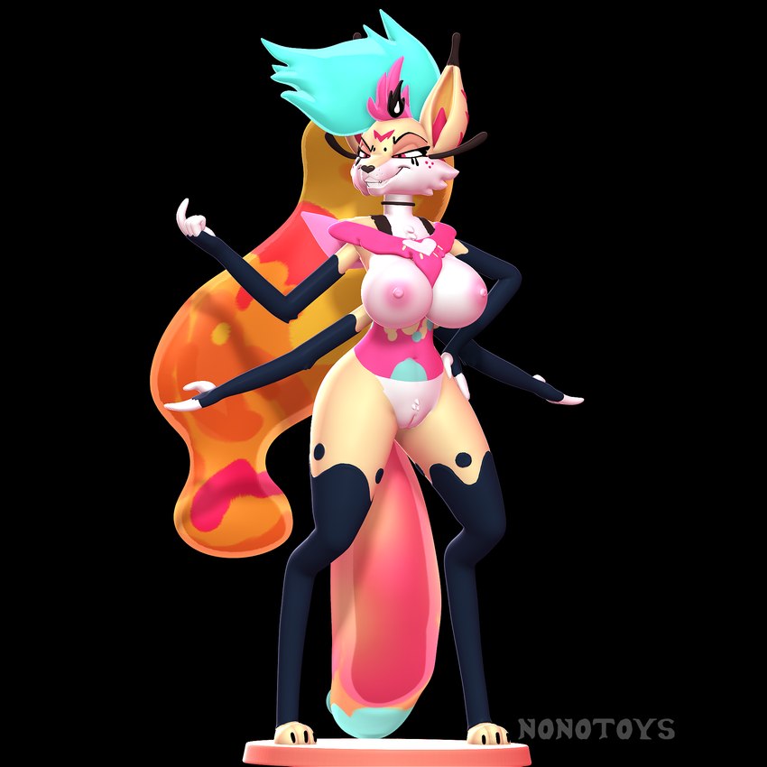 3d_modeling 3d_print 4_arms anthro breasts clothing female footwear gloves half-closed_eyes handwear multi_arm multi_limb narrowed_eyes nipples simple_background smile socks solo standing teeth wings yellow_body nonotoys helluva_boss queen_bee-lzebub_(helluva_boss) canid mammal 1:1 3d_(artwork) digital_media_(artwork) hi_res