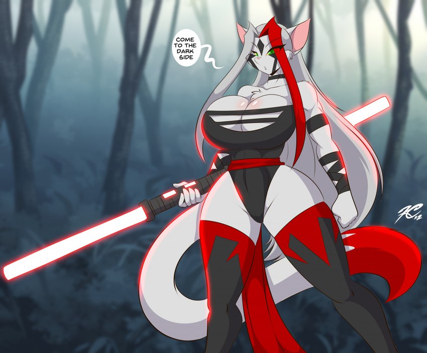 anthro big_breasts breasts chest_tuft cleavage clothed clothing curvy_figure dipstick_tail eyebrow_through_hair eyebrows facial_markings female green_eyes hair head_markings legwear leotard lightsaber long_hair looking_at_viewer markings melee_weapon red_lightsaber saberstaff solo tail tail_markings thick_thighs thigh_highs translucent translucent_hair tuft voluptuous weapon wide_hips yellow_sclera mastergodai knuckle_up! star_wars rushana domestic_cat felid feline felis mammal 2022