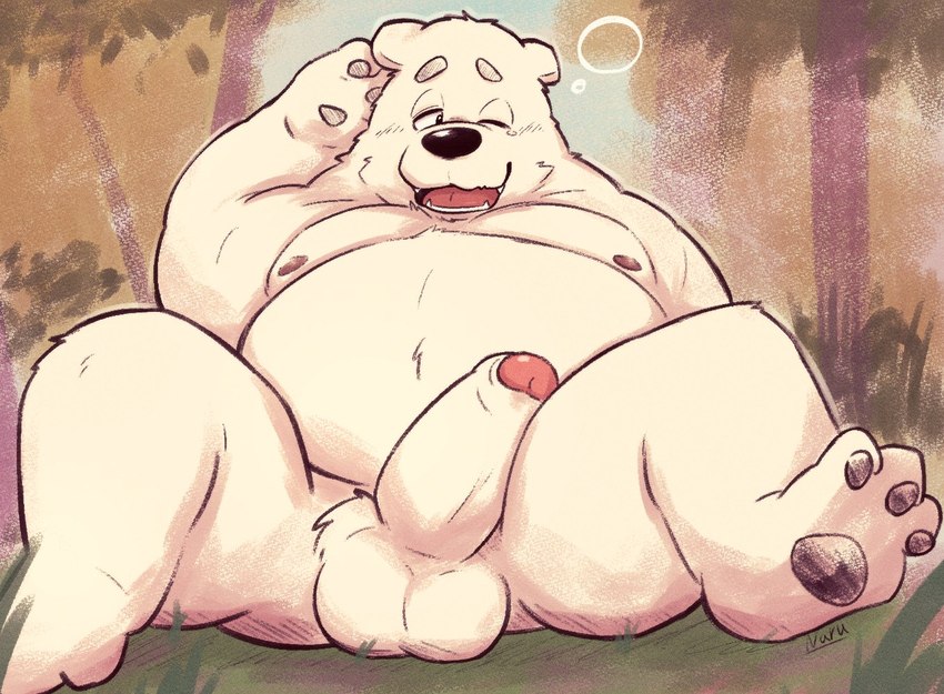 3_toes anthro balls belly erection feet genitals kemono male moobs nipples one_eye_closed overweight overweight_male penis sitting solo toes naru_papi bear mammal polar_bear ursine 2025