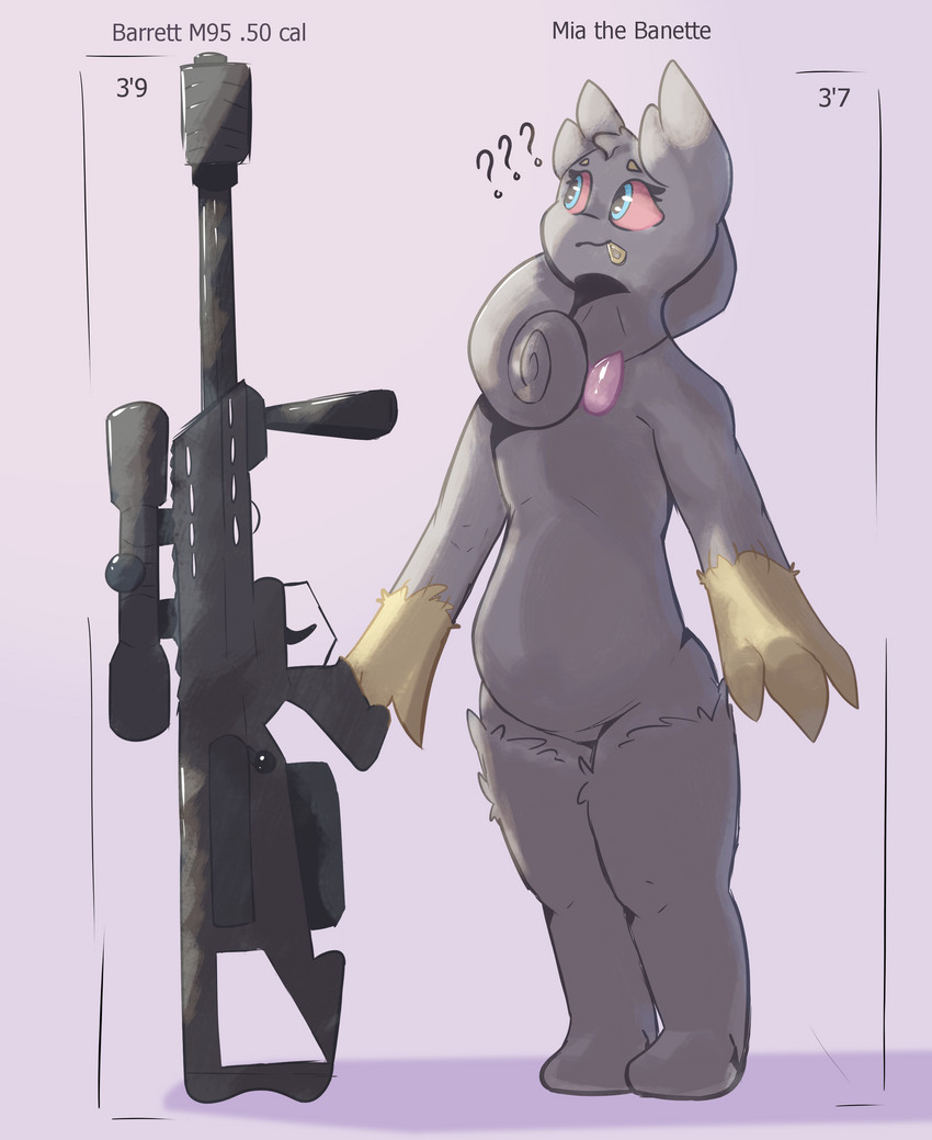 anthro anti-materiel_rifle barrett_.50cal barrett_m95 chart female gun height_chart question_mark ranged_weapon simple_background solo weapon xurora nintendo pokemon wanderlust fan_character mia_perella banette generation_3_pokemon pokemon_(species) absurd_res hi_res model_sheet