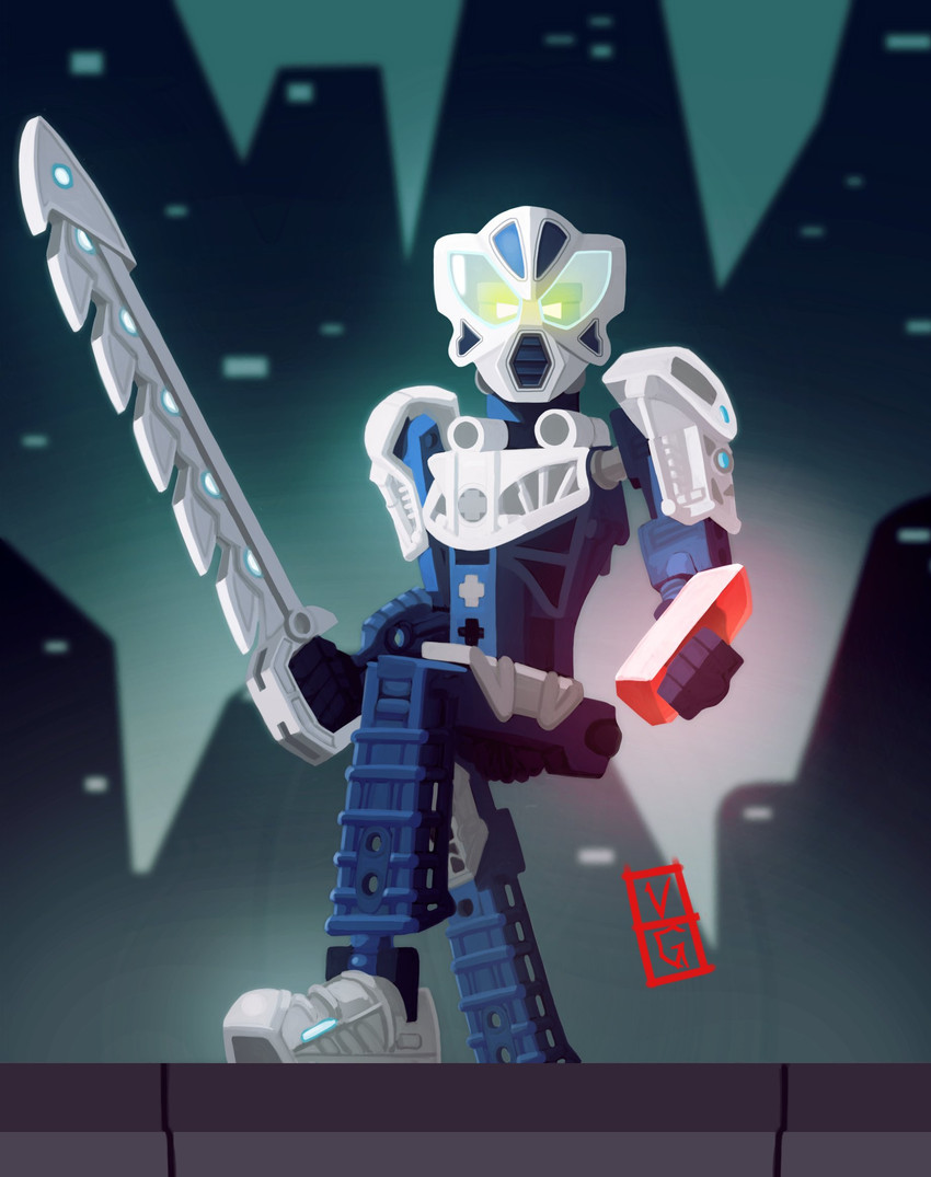 ambiguous_gender armor biped blue_body chainsaw_sword city city_background crystal detailed_background fingers green_eyes holding_object holding_weapon lego_brick looking_at_viewer machine mask melee_weapon night not_furry on_roof outside red_crystal rooftop sky solo standing sword weapon white_body vladisgalanov bionicle lego tuyet_(bionicle) humanoid robot toa 2020 digital_drawing_(artwork) digital_media_(artwork) hi_res