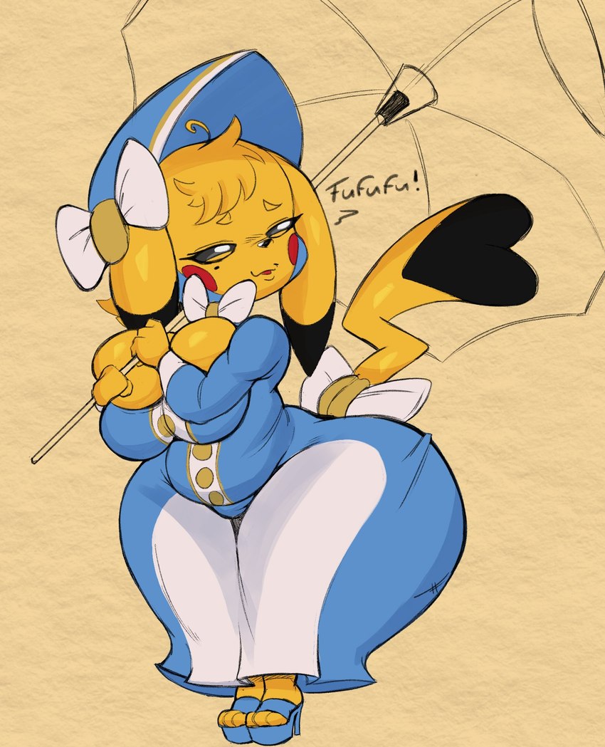 anthro big_breasts big_butt biped blonde_hair breasts butt cleavage clothed clothing cosplay_pikachu_(costume) female footwear hair high_heels huge_butt huge_hips huge_thighs hyper hyper_butt hyper_hips shoes solo thick_thighs umbrella wide_hips yellow_body purple_yoshi_draws nintendo pokemon cosplay_pikachu_(character) pikachu_belle generation_1_pokemon pikachu pokemon_(species) hi_res