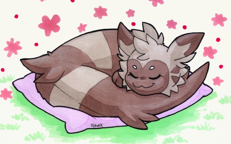 brown_body brown_fur eyes_closed feral fur grass laying_on_tail paws pillow plant sleeping smile solo zjeroxytz nintendo pokemon fan_character heartberry furret generation_2_pokemon pokemon_(species)