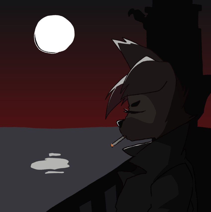 anthro cigarette clothing coat detailed_background female moon night noir smoking solo topwear trenchcoat unknown_artist prostokvashino tama-tama hybrid unknown_species