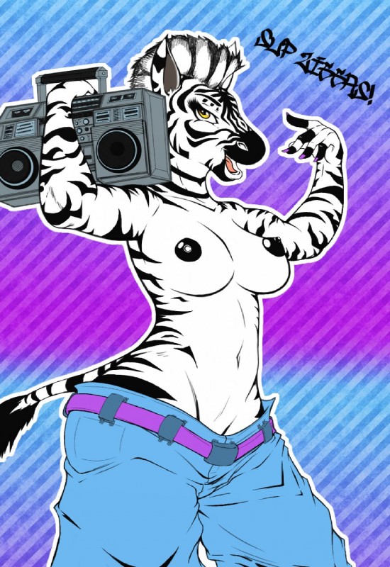 anthro biped black_nipples boombox bottomwear breasts clothed clothing electronics female looking_at_viewer nipples open_mouth oversized_bottomwear oversized_clothing oversized_pants pants racial_slur radio sagging_pants skimpy solo standing stereo streetwear stripes topless wide_hips yellow_eyes freshjams rheumatism equid equine mammal zebra artist_collaboration hi_res