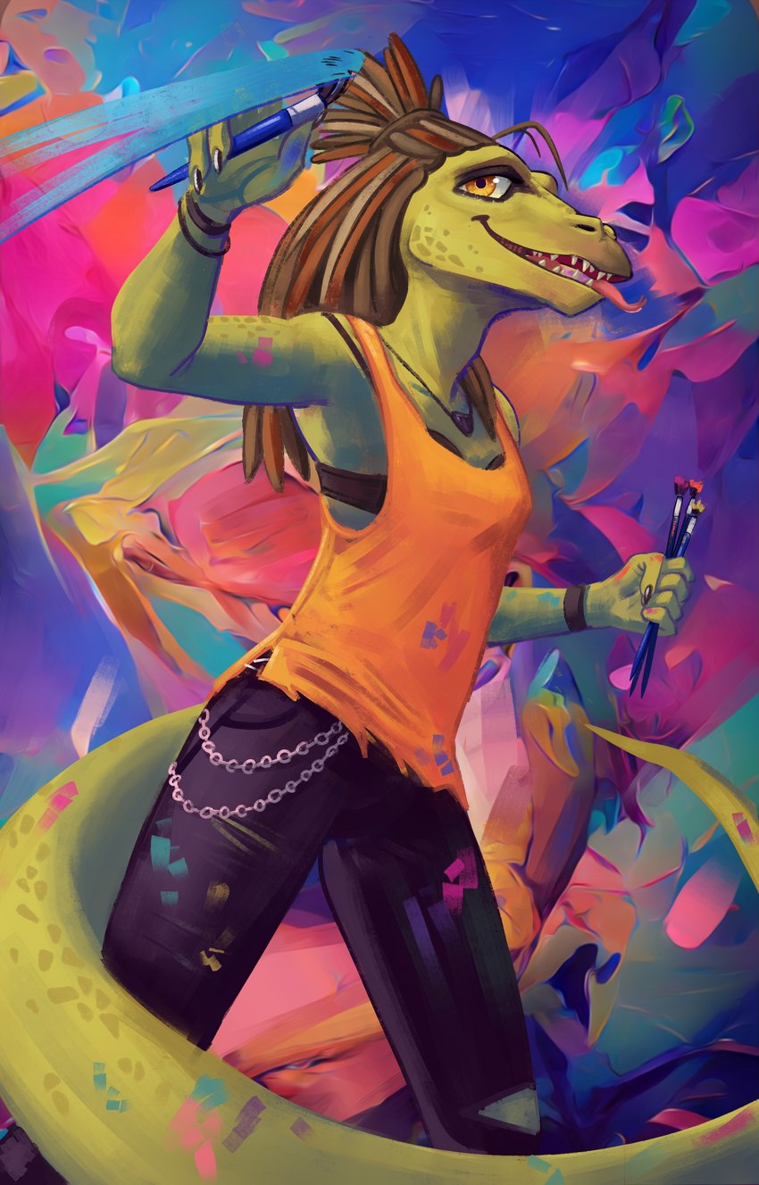 abstract_background anthro bra breasts claws clothed clothing female fingers hair holding_object looking_at_viewer open_mouth shirt simple_background smile solo standing teeth tongue tongue_out topwear underwear jakeseeker lizard reptile scalie absurd_res digital_media_(artwork) hi_res