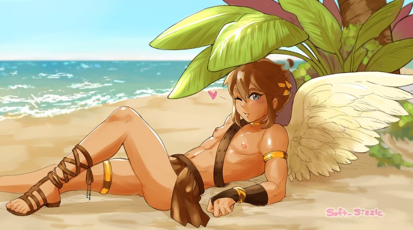 beach blonde_hair blush brown_hair clothing day feathered_wings feathers footwear hair heart_symbol leaf light_body light_skin looking_at_viewer male nipples not_furry one_eye_closed plant sandals shoes solo water wings wink soft_sizzle kid_icarus nintendo pit_(kid_icarus) angel humanoid winged_humanoid