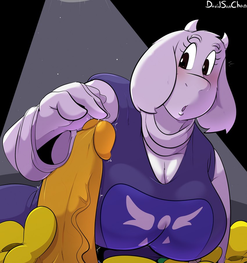 anthro big_breasts big_ears big_penis black_eyes blush breasts cleavage clothed clothing delta_rune_(emblem) duo eyebrows eyelashes female floppy_ears flower fur genitals horn huge_breasts huge_penis male male/female penis plant purple_clothing purple_robe robe symbol vein veiny_penis white_body white_ears white_eyebrows white_fur white_horn davidsanchan undertale undertale_(series) flowey_the_flower toriel boss_monster_(undertale) bovid caprine elemental_creature flora_fauna goat mammal artist_name hi_res signature