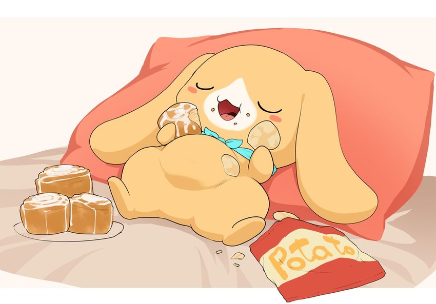 ambiguous_gender anthro bedding belly cheek_spots chips_(food) cinnamon_bun eating eyes_closed floppy_ears food fur holding_food holding_object kerchief kerchief_only lop_ears lying messy on_back pastry pillow potato_chips simple_background slightly_chubby slightly_chubby_anthro smile solo spread_legs spreading tan_body tan_fur white_background young young_ambiguous young_anthro manmosu_marimo cinnamoroll sanrio cappuccino_(cinnamoroll) canid canine canis domestic_dog mammal male_(lore)