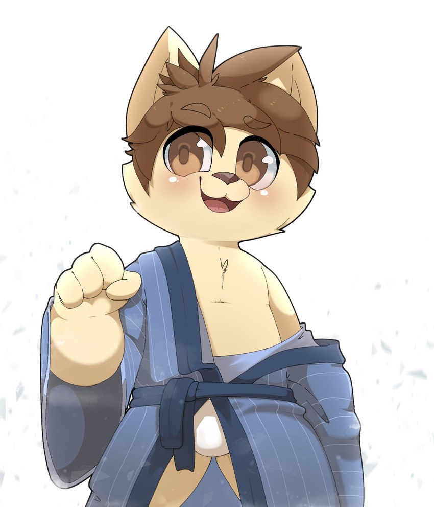 abstract_background anthro asian_clothing blush brown_eyes brown_hair bulge clothed clothing east_asian_clothing fundoshi fur hair japanese_clothing kimono male male_anthro pantsless partially_clothed short short_anthro short_male smile solo tan_body tan_fur underwear young smite_(artist) league_of_legends riot_games tencent kennen_(lol) yordle hi_res portrait three-quarter_portrait adult_(lore)