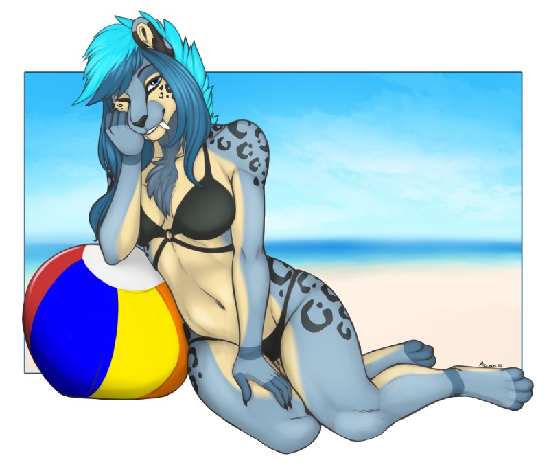 4_toes 5_fingers anthro ball beach beach_ball bikini blue_eyes blue_hair breasts butt butt_from_the_front claws clothed clothing dipstick_ears ear_markings feet female finger_claws fingerless_(marking) fingers fur hair inflatable inner_ear_fluff looking_at_viewer markings midriff multicolored_ears navel one_eye_closed seaside solo spots spotted_body spotted_fur swimwear thigh_gap toeless_(marking) toes tuft two-piece_swimsuit whiskers accelo kylani felid mammal prehistoric_species saber-toothed_tiger 2019 digital_media_(artwork)