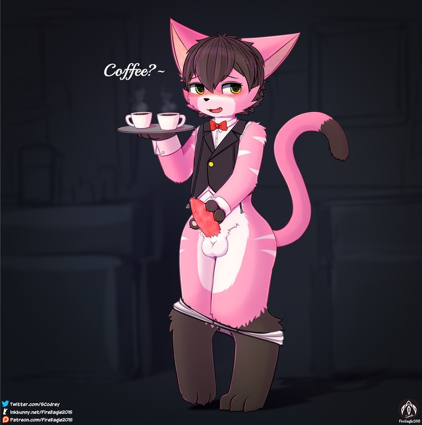 anthro balls beverage blush bow_tie claws clothed clothing coffee container cup formal_clothing genitals hot_beverage male partially_clothed paws penis solo standing suit tail text tray underwear underwear_down waiter senz domestic_cat felid feline felis mammal absurd_res hi_res url