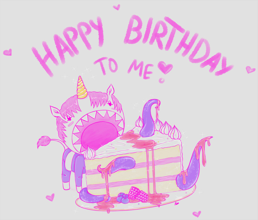 ambiguous_gender berry birthday birthday_cake blueberry_(fruit) blush cake celebration clothed clothing dairy_products dessert food fruit glistening hair heart_symbol horn jelly_(food) open_mouth pink_hair plant plate purple_tentacles raspberry shark_teeth simple_background slightly_chubby solo sparkles teeth_showing tentacles text unicorn_horn unicorn_tail whipped_cream yellow_horn konani mythology equid equine humanoid mammal mythological_creature mythological_equine unicorn digital_media_(artwork) english_text pastel_theme