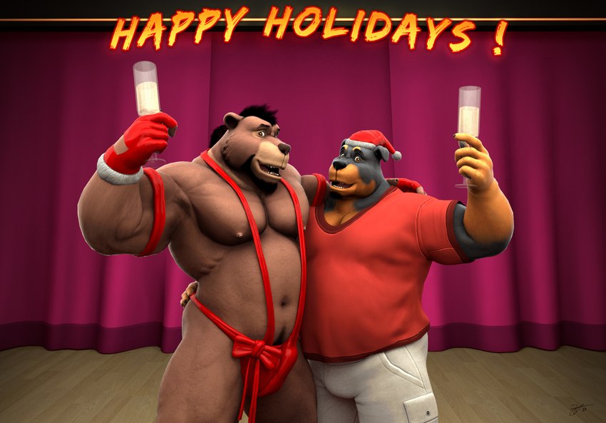 alcohol anthro arm_over_shoulder beard beverage biceps black_body black_fur black_hair bottomwear brown_body brown_eyes brown_fur button_ears champagne champagne_glass christmas_clothing christmas_headwear claws clothed clothing container cup curtains drinking_glass duo facial_hair finger_claws floppy_ears fur glass glass_container glass_cup gloves gloves_(marking) goatee hair handwear hat headgear headwear holding_beverage holding_champagne_glass holding_drinking_glass holding_object holidays hug looking_at_viewer male male/male mankini markings multicolored_body multicolored_fur muscular muscular_anthro muscular_male nipples on_stage open_mouth pantsless pecs ponytail red_clothing red_gloves red_handwear red_shirt red_topwear red_underwear santa_hat shirt shirtless short_ponytail shorts slightly_chubby slightly_chubby_anthro slightly_chubby_male stage suspenders text topwear two_tone_body two_tone_fur underwear white_bottomwear white_clothing white_shorts braford christmas happy_holidays house_of_beef new_year_2024 julian_(braford) sarge_(braford) bear brown_bear canid canine canis domestic_dog mammal mastiff molosser rottweiler ursine 2023 3d_(artwork) dated digital_media_(artwork) english_text hi_res signature