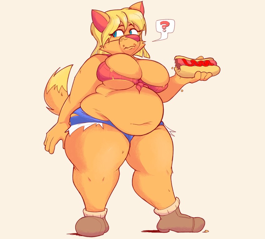 anthro belly belly_overhang big_breasts blonde_hair blue_eyes boots bottomwear breasts clothed clothing crumbs daisy_dukes deep_navel denim denim_bottomwear denim_clothing denim_shorts dipstick_tail eating eating_food eyebrows eyelashes featureless_breasts female food footwear fur hair holding_hot_dog hot_dog hotpants ketchup markings medium_hair navel overweight overweight_anthro overweight_female partially_clothed question_mark raised_tail red_clothing red_shirt red_topwear shirt shoes shorts simple_background snout solo speech_bubble standing tail tail_markings tan_body tan_fur thick_thighs three-quarter_view topwear torn_bottomwear torn_clothing torn_hotpants torn_shirt torn_topwear weight_gain white_background wide_hips bee-unit ty_the_tasmanian_tiger_(series) shazza_the_dingo canid canine canis dingo mammal 2023 digital_media_(artwork) full-length_portrait hi_res portrait