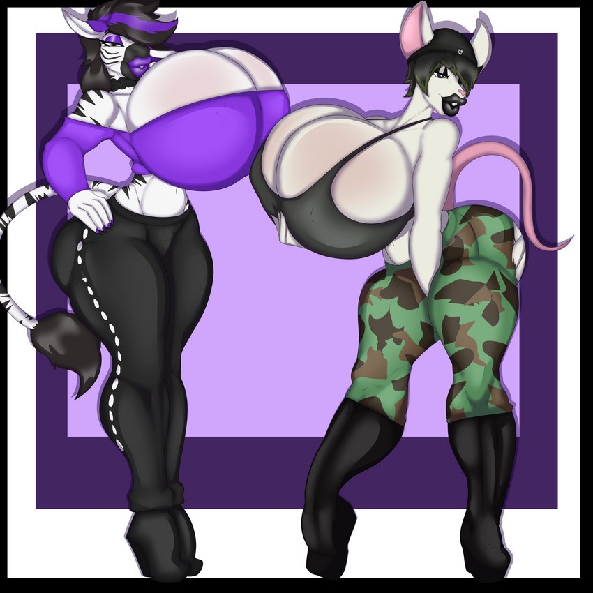 anthro big_breasts blue_eyes boots bottomwear breasts butt camo camo_bottomwear camo_clothing camo_pants camo_print cleavage clothed clothing curvy_figure duo eyeshadow female fingers footwear fur hair high_heeled_boots high_heels highlights_(coloring) huge_breasts hyper lattice lips lipstick looking_at_viewer makeup midriff navel pants pattern_bottomwear pattern_clothing pattern_pants shoes simple_background standing stripes thick_lips topwear voluptuous white_body white_fur wide_hips pillowymounds makayla_graves_(lildredre) nora_watts_(lildredre) equid equine mammal mouse murid murine rodent zebra 1:1 absurd_res digital_media_(artwork) hi_res