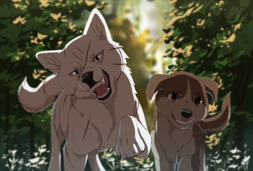 ambiguous_gender brown_body brown_eyes brown_fur claws duo feral fur grin larger_feral looking_at_viewer open_mouth outside paws plant raised_leg scar size_difference smaller_feral smile tail teeth tree white_body white_fur azzai ginga_(series) kyoshiro_(ginga) teru_(ginga) canid canine canis domestic_dog kishu_inu mammal mixed_breed spitz 2017 male_(lore)