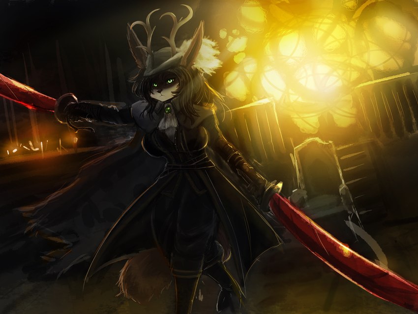 anthro antlers clothing dual_wielding female green_eyes hair hat headgear headwear heat_sword holding_melee_weapon holding_object holding_sword holding_weapon horn hot_metal jacket looking_at_viewer melee_weapon solo sword topwear walking weapon general-irrelevant bloodborne fromsoftware sony_corporation sony_interactive_entertainment mits_(character) the_hunter_(bloodborne) hybrid 4:3