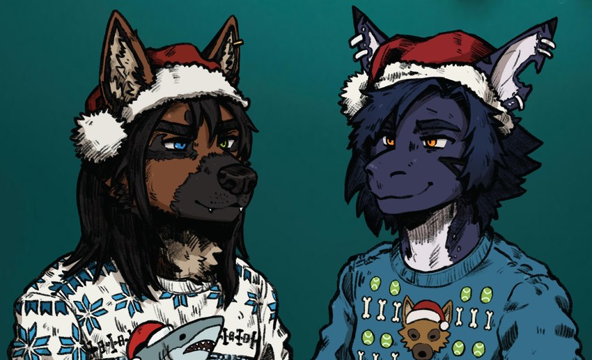 anthro black_body black_fur black_hair black_nose blue_body blue_eyes blue_hair brown_body brown_fur christmas_clothing christmas_headwear christmas_sweater christmas_topwear clothing ear_piercing ear_ring festive fur german hair hat headgear headwear heterochromia holidays long_hair male orange_eyes piercing ring_piercing santa_hat shepherd sweater tan_body tan_fur topwear white_body dwcmarshalarts christmas afevis_(character) keller_(kellervo) canid canine canis domestic_dog fish german_shepherd herding_dog mammal marine pastoral_dog shark 2023 digital_media_(artwork) hi_res