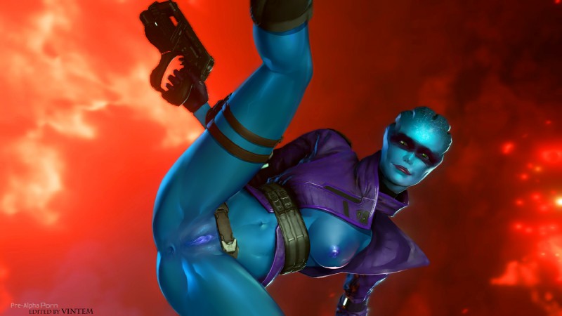 anus biped blue_body blue_skin bottomless breasts butt clothed clothing eye_markings female fire genitals green_eyes gun holding_gun holding_object holding_ranged_weapon holding_weapon kick legband looking_at_viewer markings nipples not_furry on_one_leg open_clothing open_topwear pussy raised_leg ranged_weapon smoke solo spread_legs spreading standing topwear weapon vintem bioware electronic_arts mass_effect mass_effect_andromeda peebee alien alien_humanoid asari humanoid digital_media_(artwork)