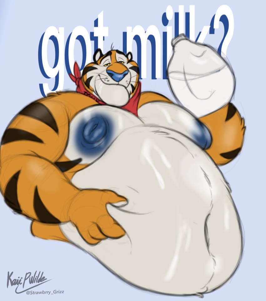 anthro areola belly belly_grab big_belly fur half-closed_eyes holding_object looking_at_viewer male mascot milk_carton moobs mostly_nude mouth_closed narrowed_eyes navel nipples scarf scarf_only smile smirk solo striped_body striped_fur stripes text whiskers husky2paws frosted_flakes got_milk? kellogg's tony_the_tiger felid mammal pantherine tiger 2024 half-length_portrait hi_res meme portrait signature