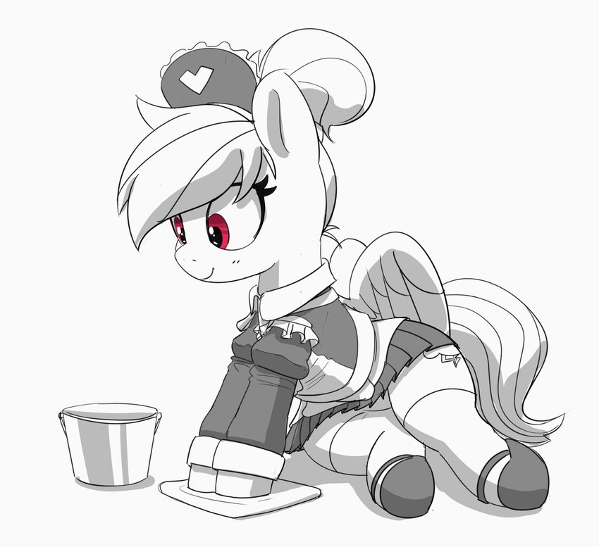 bottomwear bucket clothed clothing container cutie_mark eyelashes female feral hair hooves legwear maid_headdress maid_uniform purple_eyes simple_background skirt solo stockings tail thigh_highs towel uniform white_background wings pabbley friendship_is_magic hasbro my_little_pony mythology rainbow_dash_(mlp) equid equine mammal mythological_creature mythological_equine pegasus 2023 absurd_res hi_res monochrome spot_color