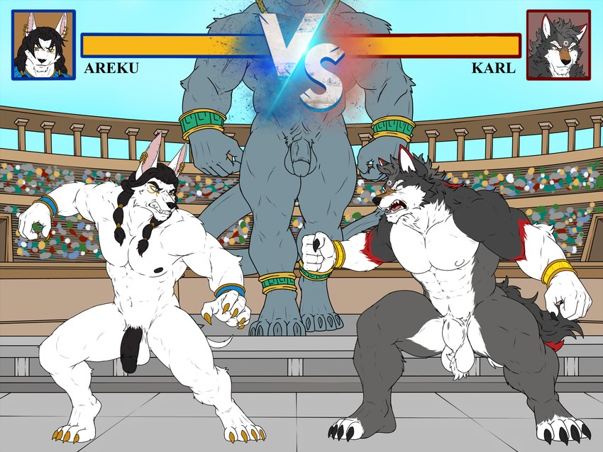 angry animal_genitalia animal_penis anthro balls canine_genitalia canine_penis duo fight fighting_ring genitals humanoid_genitalia humanoid_penis male male/male nude penis piercing tournament wrestling hunterramirez areku_al-khemi anubian_jackal canid canine canis jackal mammal wolf 4:3 hi_res
