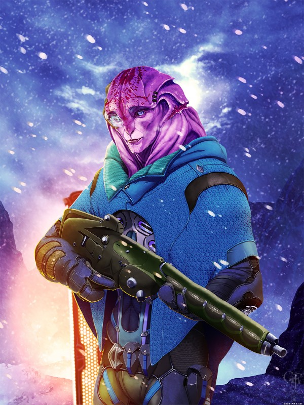 blue_eyes cape clothed clothing detailed_background fully_clothed furgonomics furry-specific_piercing gun looking_at_viewer male not_furry outside piercing pupils purple_body purple_skin ranged_weapon scar slit_pupils smile snow solo weapon ghostfire bioware electronic_arts mass_effect jaal_ama_darav alien angara humanoid hi_res