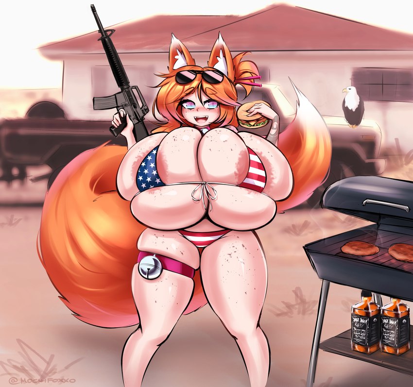 alcohol american_flag american_flag_bikini animal_ears areola areola_slip arm_tattoo assault_rifle bad_trigger_discipline barely_contained barely_contained_breasts beak beef bell bell_collar beverage big_breasts bikini blush breasts building bulging_breasts burger cleavage clothed clothing collar day dipstick_ears dipstick_tail ear_markings eyewear eyewear_on_head fangs feathers female feral flag_bikini food fox_ears fox_tail freckled_breasts freckled_face freckled_legs freckled_thighs freckles grill grilling gun hair holding_assault_rifle holding_burger holding_food holding_gun holding_object holding_ranged_weapon holding_rifle holding_weapon house huge_breasts huge_thighs hyper hyper_breasts light_truck liquor_bottle looking_at_viewer markings meat micro_bikini multicolored_ears multicolored_eyes open_mouth open_smile orange_hair outside patriotism pickup_truck politics ranged_weapon rifle skimpy skimpy_bikini skimpy_swimwear sky smile solo standing star_pattern star_polygon star_print sunglasses sunglasses_on_head swimwear tail tail_markings tattoo teeth text thick_thighs thigh_gap thigh_strap tight_bikini tight_clothing tight_swimwear truck_(vehicle) two-piece_swimsuit two_tone_eyes under_boob united_states_of_america vehicle weapon whiskey whiskey_bottle wings mochifoxxo jack_daniel's mochi_(mochifoxxo) accipitrid accipitriform animal_humanoid avian bald_eagle bird canid canid_humanoid canine canine_humanoid eagle fox_humanoid humanoid mammal mammal_humanoid sea_eagle tailed_humanoid digital_media_(artwork) hi_res signature