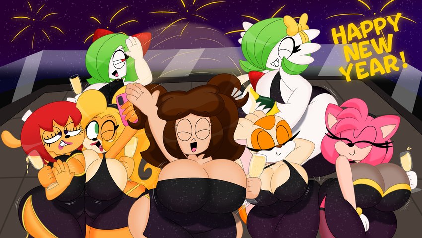 2_horns 5_fingers alcohol anthro ass_to_ass beverage big_breasts big_ears black_clothing black_dress black_eyes blonde_hair bracelet breast_squish breasts breasts_frottage brown_body brown_fur brown_hair cellphone champagne champagne_bottle champagne_glass cleavage cleavage_cutout clothed clothing container cup curvy_anthro curvy_female curvy_figure curvy_human curvy_humanoid cutout detailed_background dress drinking_glass electronics eyelashes eyes_closed female fingers floppy_ears fur gesture glass glass_container glass_cup green_hair group hair hair_over_eye hip_bump holidays horn huge_breasts huge_hips huge_thighs jewelry light-skinned_female light_body light_skin lipstick long_ears long_hair makeup motion_lines multicolored_body multicolored_fur night one_eye_closed open_mouth open_smile orange_body orange_fur outside phone pink_body pink_fur pink_hair pink_lipstick red_eyes red_hair red_lipstick selfie short_hair smartphone smile sparkles sparkling_clothing sparkling_dress squish tan_body tan_fur text thick_thighs thong two_tone_body two_tone_fur underwear voluptuous voluptuous_anthro voluptuous_female voluptuous_human voluptuous_humanoid waving white_body white_fur white_skin wide_hipped_anthro wide_hipped_female wide_hipped_human wide_hipped_humanoid wide_hips wink yellow_clothing yellow_thong yellow_underwear 3barts activision crash_bandicoot_(series) new_year new_year_2024 nintendo parappa_the_rapper pokemon sega sonic_the_hedgehog_(series) sony_corporation sony_interactive_entertainment um_jammer_lammy amy_rose coco_bandicoot cream_the_rabbit jess_(3barts) lammy_lamb mary_(3barts) vanessa_(3barts) bandicoot bovid caprine eulipotyphlan gardevoir generation_3_pokemon hedgehog human humanoid kirlia lagomorph leporid mammal marsupial pokemon_(species) rabbit sheep 2024 absurd_res crossover digital_drawing_(artwork) digital_media_(artwork) english_text hi_res