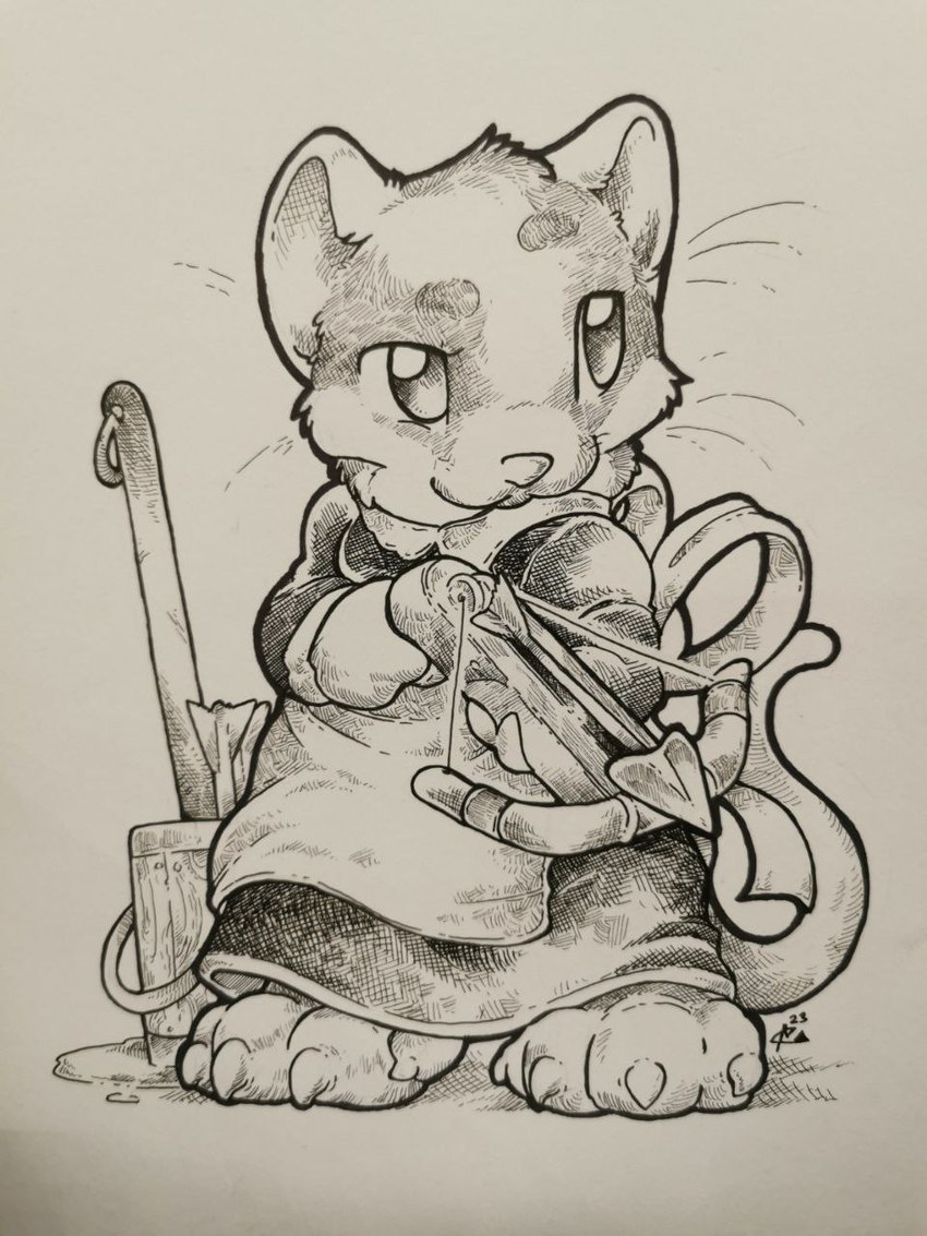 ambiguous_gender anthro apron arbalist bucket claws cleaning_tool clothed clothing container crossbow crossbow_bolt fully_clothed holding_crossbow holding_object holding_ranged_weapon holding_weapon maid_uniform mop ranged_weapon solo toe_claws uniform weapon whiskers o-kemono konno_(miwauturu) mammal mouse murid murine rodent 2023 3:4 hi_res monochrome pen_(artwork) traditional_media_(artwork) nonbinary_(lore)