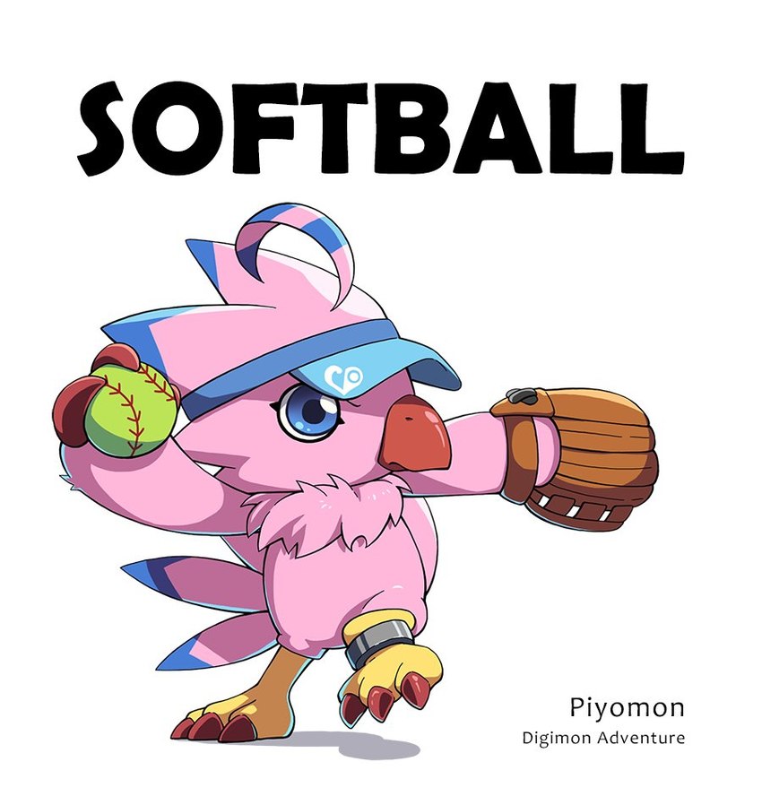 anklet anthro ball baseball_(ball) baseball_glove beak blue_eyes claws clothing feathers female hat headgear headwear jewelry pink_body pink_feathers pitching softball solo visor_cap op7804620 bandai_namco digimon biyomon digimon_(species)