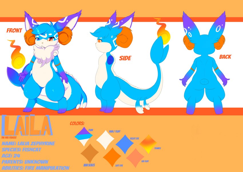 anthro blue_eyes chest_tuft fire fish_tail inner_ear_fluff male orange_eyes slim solo tail text tuft unusual_anatomy unusual_tail plushcrochet laila_zephyrine hybrid exotic_species absurd_res english_text hi_res model_sheet