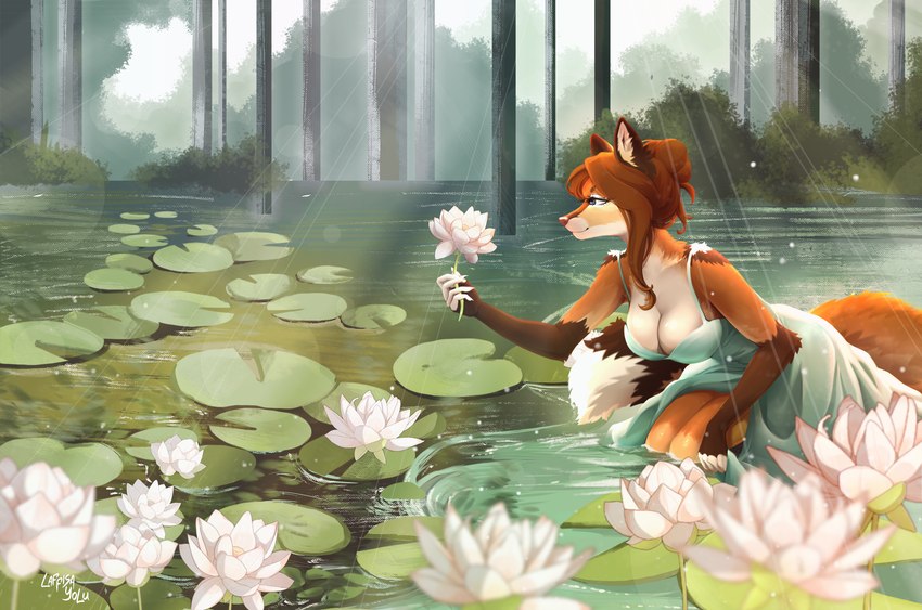 anthro bent_over blush breasts cleavage clothed clothing crouching female flower gloves handwear holding_flower holding_object lake landscape lilies lotus_(flower) plant pond solo summer text tree water laffisa canid canine fox mammal absurd_res english_text hi_res