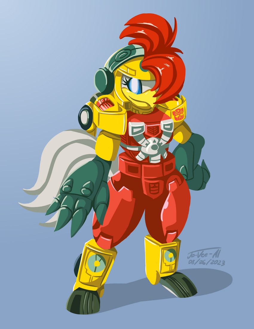 anthro autobot beak blue_eyes cosplay crossover_cosplay eyelashes feathers female fusion hair hair_over_eye machine one_eye_obstructed red_body red_feathers red_hair solo white_body white_feathers wide_hips yellow_body jo-vee-al eto_rangers hasbro takara_tomy transformers transformers:_armada hot_shot tart_(eto_rangers) avian bird chicken cybertronian galliform gallus_(genus) humanoid living_machine phasianid robot robot_humanoid 2023 absurd_res crossover hi_res