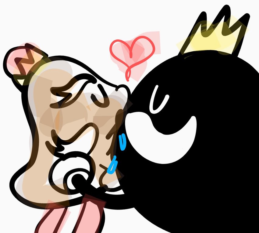 bodily_fluids bomb crown duo explosives eyes_closed facial_hair french_kissing headgear heart_symbol humor kissing male male/male mature_male mustache saliva matti_animation mario_bros nintendo goomboss king_bob-omb animate_inanimate bob-omb goomba living_bomb waddling_head