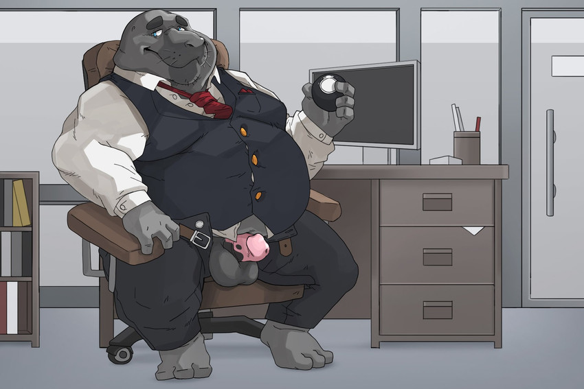 anthro balls black_body chair clothing detailed_background furniture genitals humanoid_hands inside kemono male necktie office overweight overweight_anthro overweight_male penis shirt sitting solo topwear bluewhale127 mammal 2020 3:2 hi_res