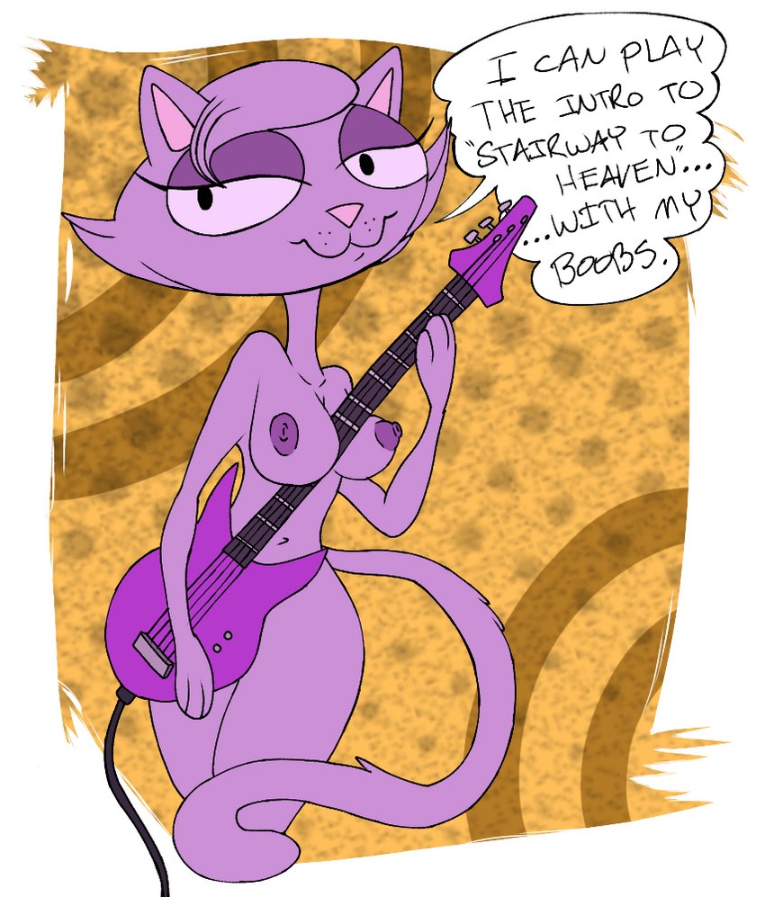 anthro breasts electric_guitar female fur guitar musical_instrument nipples nude plucked_string_instrument purple_body purple_fur solo string_instrument third-party_edit zokva bremen_avenue_experience jessica_(bae) domestic_cat felid feline felis mammal