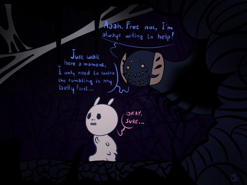 ambiguous_gender cave creepy dialogue duo hungry imminent_vore larva teeth text toot hollow_knight team_cherry midwife_(hollow_knight) arthropod fly_(animal) insect maggot monster 4:3 english_text