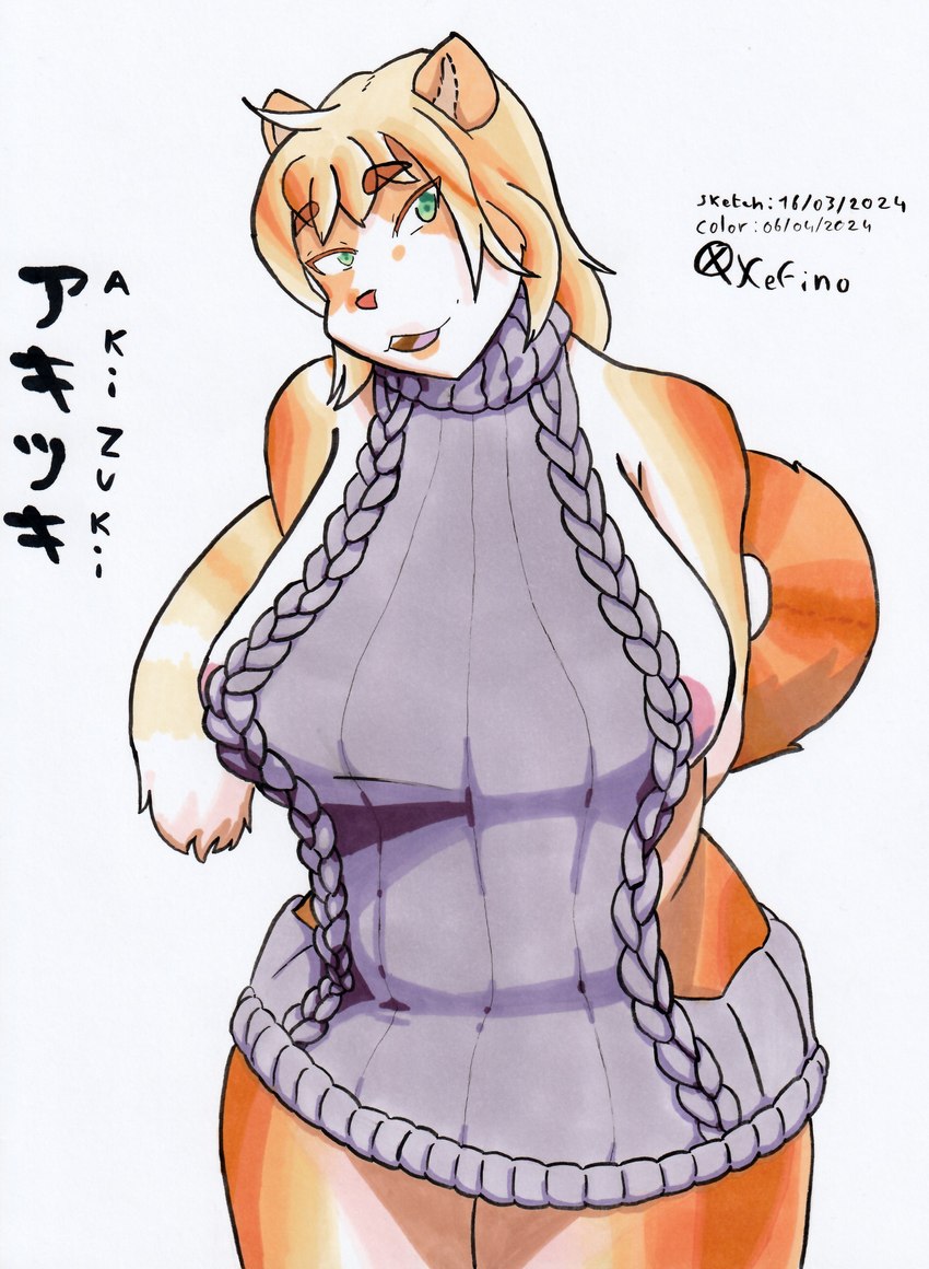 anthro areola areola_slip big_breasts bottomless breasts clothed clothing countershading curvy_figure female fur hair looking_at_viewer mature_anthro mature_female orange_body orange_fur orange_hair seductive slightly_chubby slightly_chubby_female solo sweater sweater_only tail thick_thighs topwear topwear_only virgin_killer_sweater voluptuous white_body white_fur wide_hips xefino meme_clothing akizuki_(xefino) domestic_cat felid feline felis mammal absurd_res hi_res meme traditional_media_(artwork)