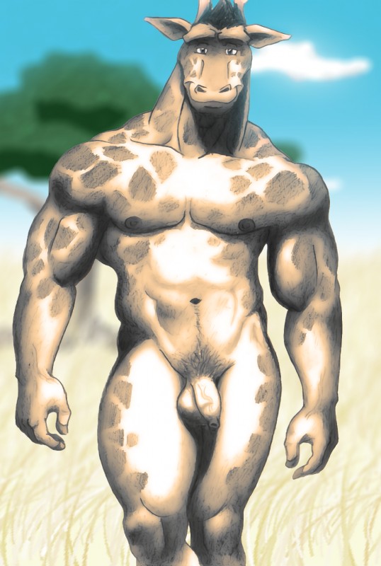 anthro balls big_muscles biped body_hair flaccid foreskin genitals happy_trail horn humanoid_genitalia humanoid_penis long_foreskin looking_at_viewer male muscular muscular_anthro muscular_male navel nipples nude ossicone outside penis pose pubes savanna smile solo standing walking rthur third-party_edit giraffe giraffid mammal hi_res