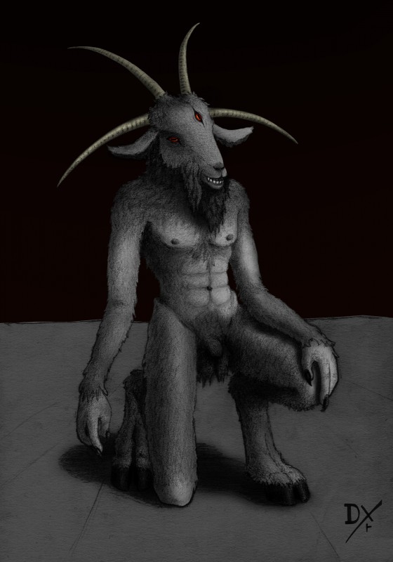 abs anthro balls biped claws crotch_fur dark_body dark_fur fangs flaccid fur fuzzy_balls genitals hand_on_leg hooves horizontal_pupils horn kneeling male navel nipples penis pupils red_eyes solo teeth dekxer animal_humanoid bovid caprine caprine_demon demon humanoid mammal satyr 2019 absurd_res graphite_(artwork) hi_res monochrome traditional_media_(artwork)