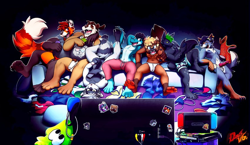 anthro cellphone clothes_on_floor clothing electronics furniture genitals group jockstrap male masturbation penis phone shirt sofa strip_game tank_top television text topwear underwear dustythebat gamecube nintendo nintendo_switch rudderbutts splatoon arrow_vaiva fourplex frye_(splatoon) giratin keaton_(ohthatsit) pitch_black_(character) redhoodraccoon val_(valpanda) ailurid alligator alligatorid bear canid canine canis crocodilian darwin's_fox fox giant_panda gulonine mammal marten mustelid musteline pine_marten procyonid qinling_panda raccoon red_panda reptile scalie south_american_fox wolf absurd_res english_text hi_res