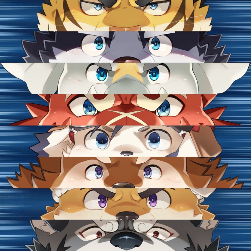 angry anthro blue_eyes brown_body brown_eyes brown_fur close-up countershading eyebrows fur glare grey_body grey_fur group male scar striped_body striped_fur stripes thick_eyebrows trunk tusks white_body white_fur nikubo atlus megami_tensei megami_tensei_persona mythology sega tamacolle harima hitachi_(tamacolle) hizen_(tamacolle) kazusa musashi_(tamacolle) oumi_(tamacolle) canid canine canis deer domestic_dog dragon elephant elephantid felid mammal mythological_creature mythological_scalie pantherine proboscidean scalie tiger hi_res