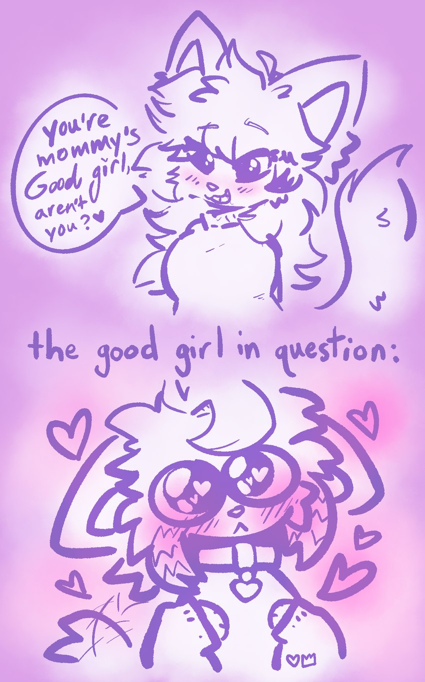 ambiguous_gender anthro collar dialogue duo female heart_eyes heart_symbol humor intersex intersex/female mommy_kink o^o pleading_eyes praise tail tail_motion tailwag text conditional_dnp sinfulkitz hibiki_nyatani_(ikitsunyan) kaylee_mutara_(throwmeintospace) canid canine domestic_cat felid feline felis fox mammal comic english_text hi_res