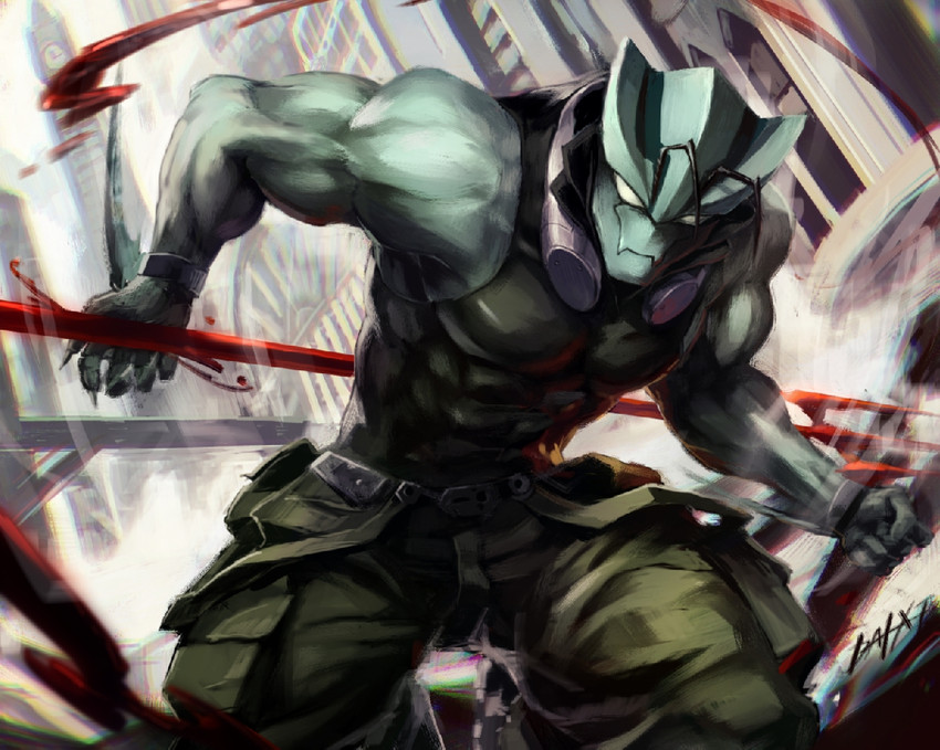 abs antennae_(anatomy) athletic athletic_male biceps blood blue_body blue_skin bodily_fluids bottomwear city clothed clothing fin male melee_weapon membrane_(anatomy) muscular muscular_male pants pecs polearm skinsuit solo tight_clothing triceps trident weapon webbed_hands dai-xt. blood_blockade_battlefront zed_o'brien animal_humanoid humanoid marine marine_humanoid