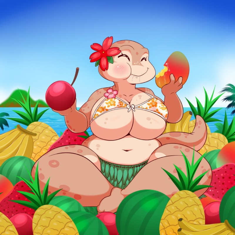 anthro banana belly big_breasts bikini breasts cherry cleavage clothed clothing deep_navel eyes_closed female flower food fruit huge_breasts mango_(fruit) melon navel non-mammal_breasts overweight overweight_anthro overweight_female pineapple plant short_stack sky solo strawberry swimwear tropical two-piece_swimsuit under_boob water watermelon lonbluewolf mango_(lookabout) gecko lizard reptile scalie 1:1 2018 hi_res